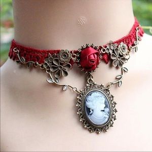 Red Rose Lace Cameo Choker Necklace